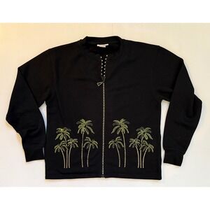 Tia Designs Rhinestone Palm Tree Zip Up‎ Sweatshirt Jacket Black Medium